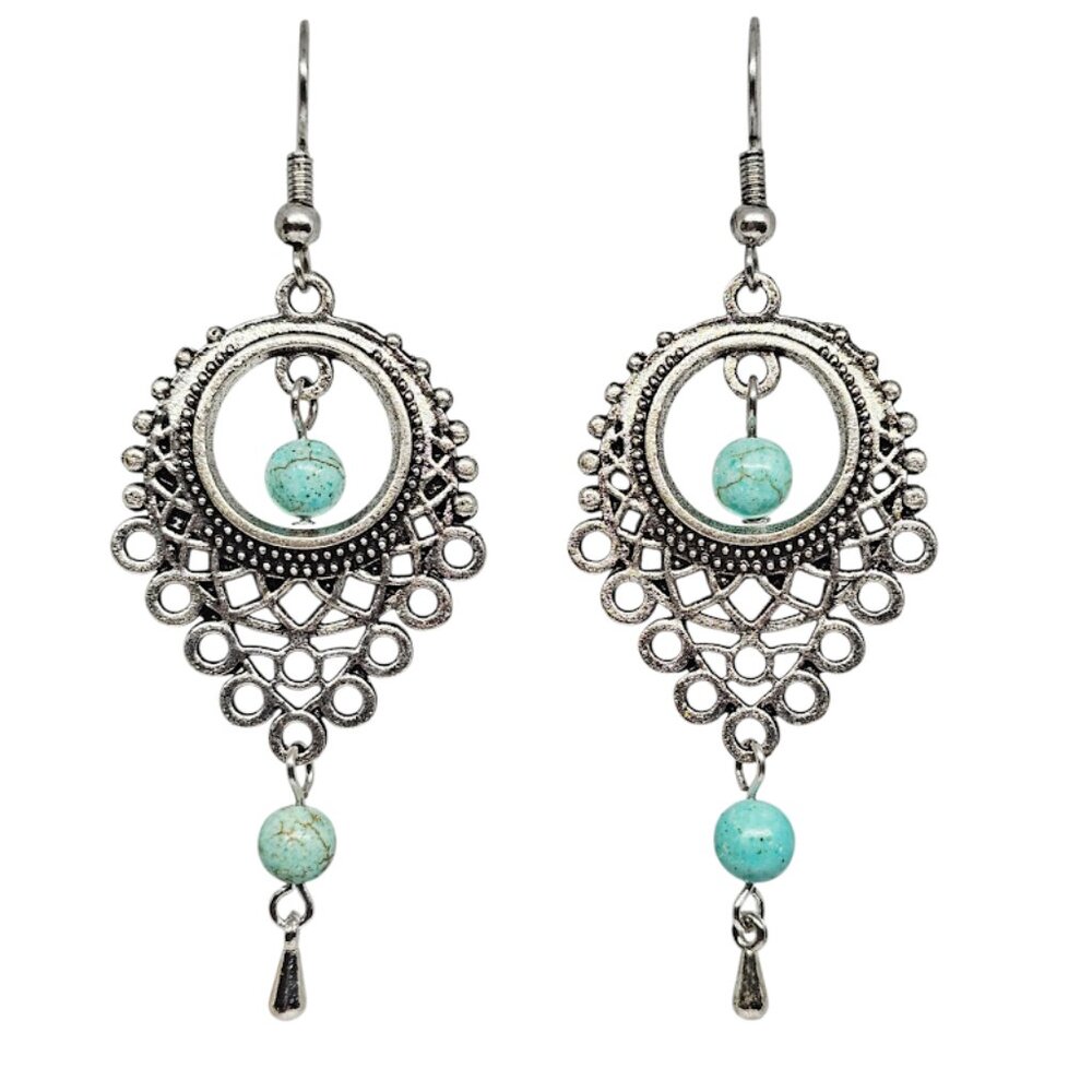 Handmade Turquoise Howlite Gemstone Beaded Silver Chandelier Boho Dangle Earring